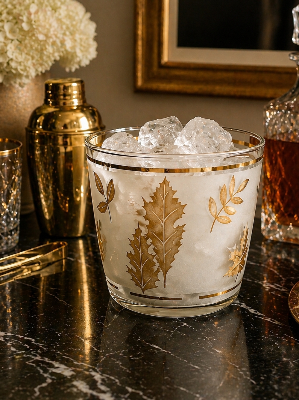 Vintage Libbey Gold Leaf Ice Bucket Frosted Glass Barware Mid Century